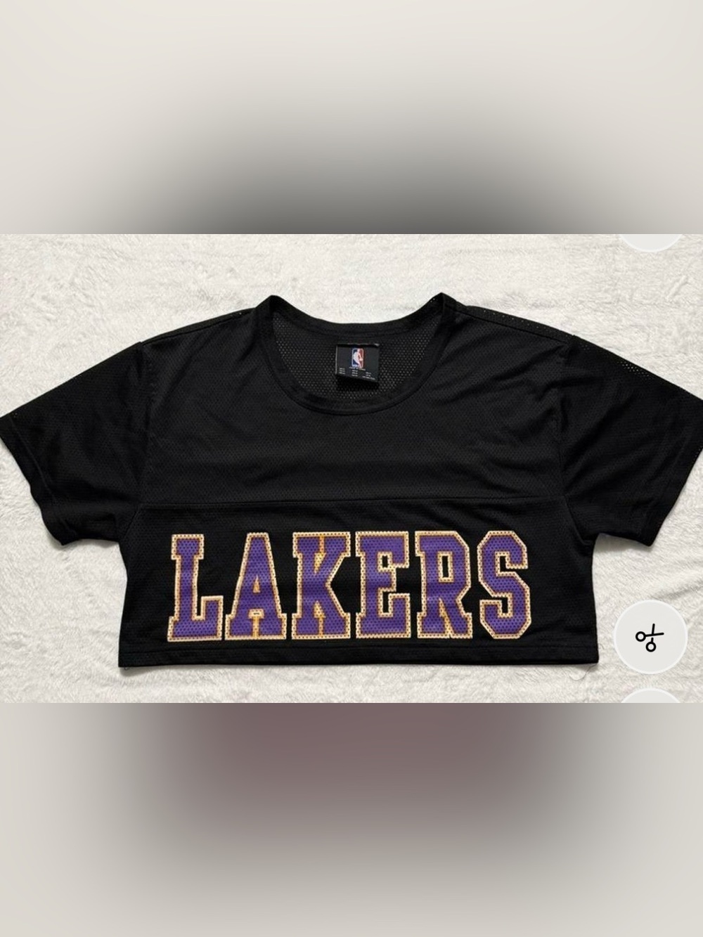 NBA women’s crop Black Lakers Mesh Jersey with Purple and Gold Lettering